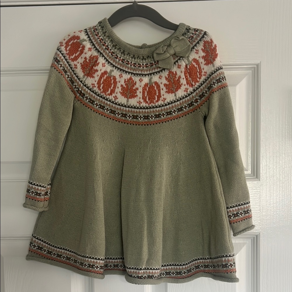 Kids Knitted Dress with Bow - Green and Orange pumpkin and fall leaves